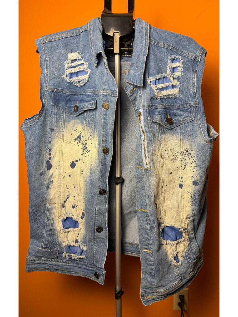 Reason mens XL paint splatter denim vest distressed biker punk rock